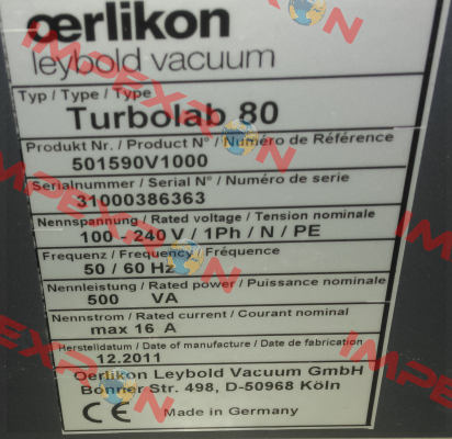 P/N:501590V1000  TYPE:Turbolab 80  S/N:31000386363 Leybold