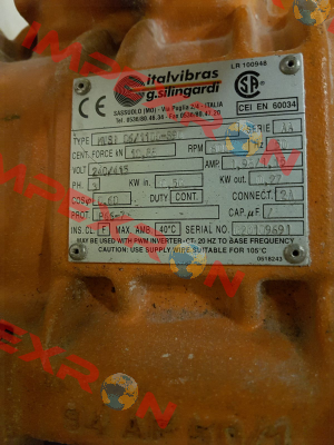 Type: MVSI 06/1100-S90  S/N: 020109691 REPLACED BY MVSI 06/1100-S08  Italvibras