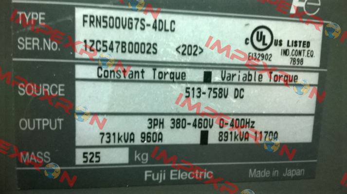 Type: FRN500VG7S-4DLC S/N: 1ZC547B0002S 202  Fuji