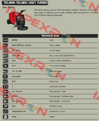 Art. Nr.821052, type  TELMIG 150/1 TURBO  Telwin