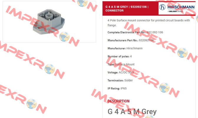 P/N: 932092106, Type: G 4 A 5 M grey Belden (Lumberg / Hirschmann)